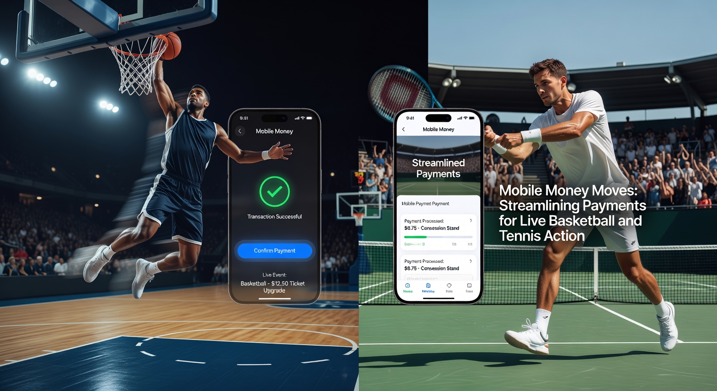 Tennisspieler beim Serve mit Overlay von Live-Quoten und mobiler Zahlungs-App