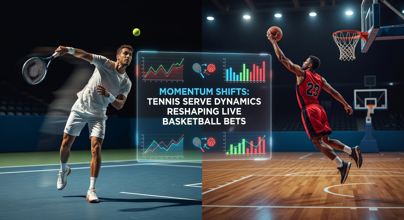 Grafik zeigt Momentum-Wechsel in einem Tennis-Match mit Serve-Dominanz und parallelen Basketball-Szenen