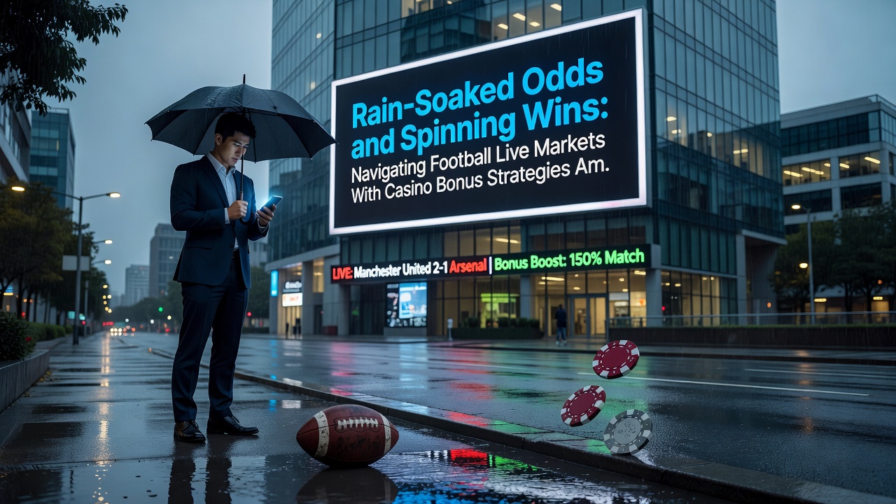 Live-Wett-Interface mit Regen-Effekten, Fußball-Statistiken und Casino-Bonus-Balance-Anzeige